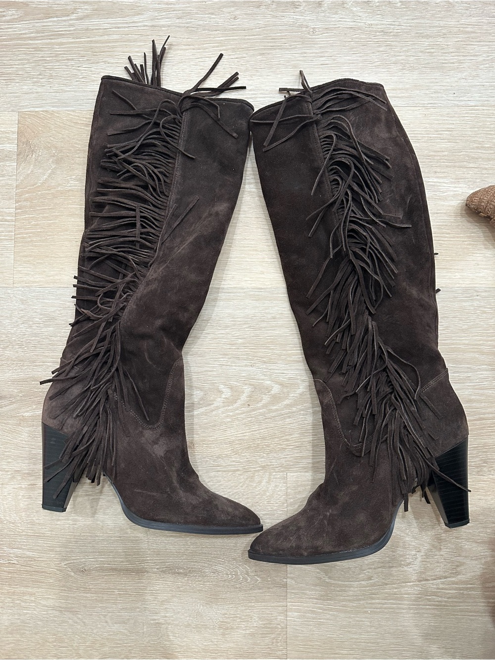 Zara Dark Brown Suede Knee Fringe Boots